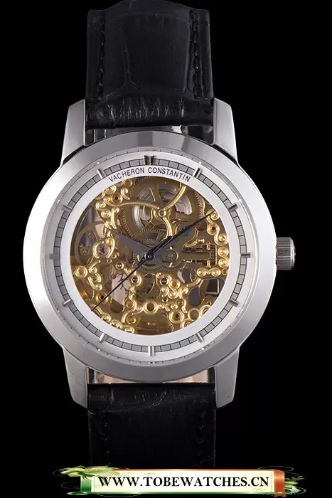 Vacheron Constantin White Skeleton Watch With Rose Silver Bezel And Black Leather Strap En117633