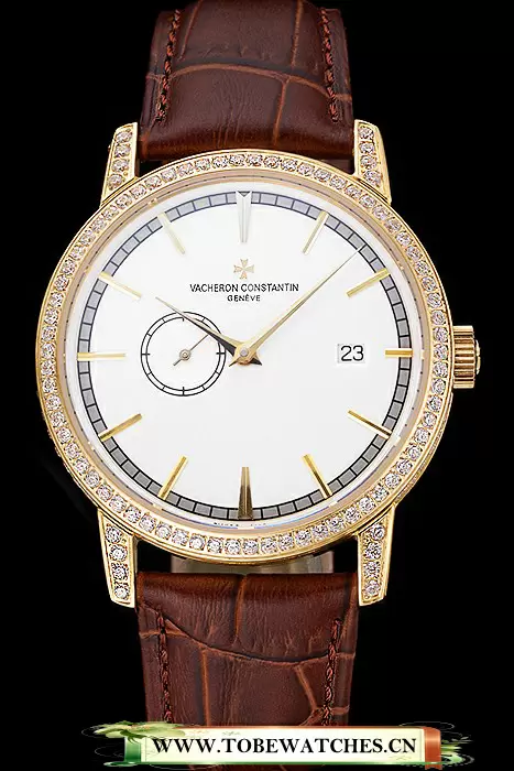 Vacheron Constantin Patrimony Contemporaine Gold Diamond Case White Dial Brown Leather Bracelet En120086