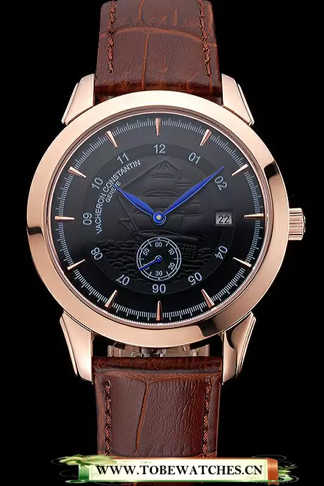 Vacheron Constantin Traditionnelle Black Ship Dial Rose Gold Case Brown Leather Strap En121429