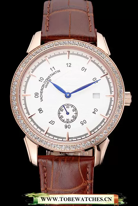 Vacheron Constantin Traditionnelle White Ship Dial Rose Gold Case With Diamonds Brown Leather Strap En121432