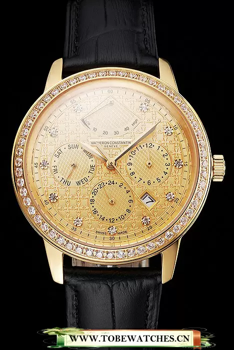Vacheron Constantin Traditionnelle Power Reserve Gold Dial And Case Diamond Bezel Black Leather Strap En122014
