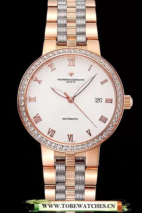 Vacheron Constantin Traditionnelle White Dial Diamond Bezel Rose Gold Case Two Tone Bracelet En122015