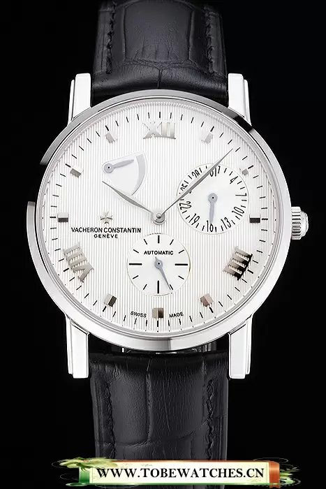 Vacheron Constantin Patrimony Quantieme Reserve De Marche White Dial Stainless Steel Case Black Leather Strap En123406