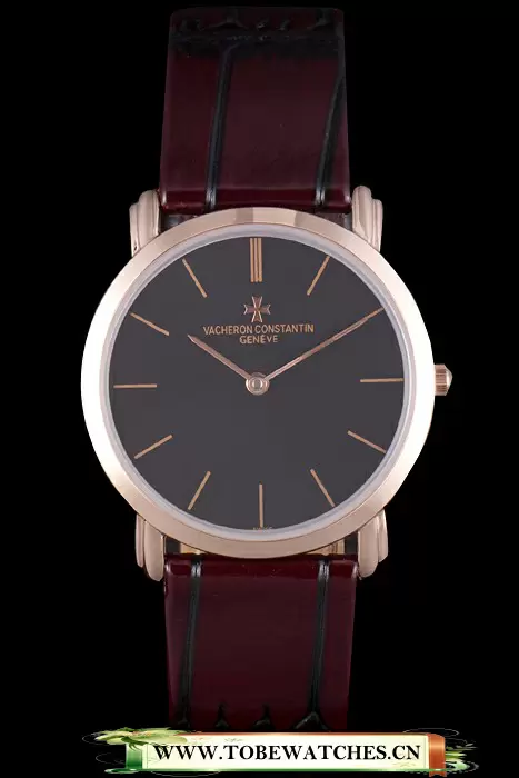 Vacheron Constantin Patrimony Black Dial Rose Gold Case Rich Maroon Leather Bracelet En16601