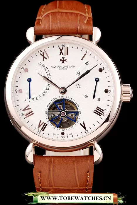 Vacheron Constantin Tourbillion White Dial Rose Gold Case Brown Leather Bracelet En74672