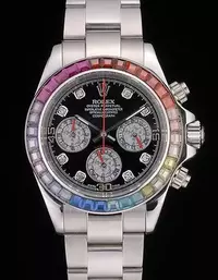 Swiss Rolex Daytona Cosmograph Rainbow Crystals Bezel Stainless Steep Strap Black Dial Watch Brands Rol3774