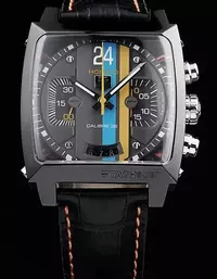 Swiss Tag Heuer Monaco Swiss Black Leather Strap Blue Yellow Striped Black Dial Watch Brands Tagh4157