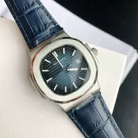 Swiss Patek Philippe Blue Dial Brushed Stainless Steel Case Black Leather Strap Pph20891